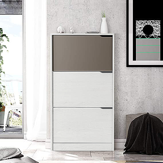 Scarpiera di design, 3 ante, bianco striato e basalto