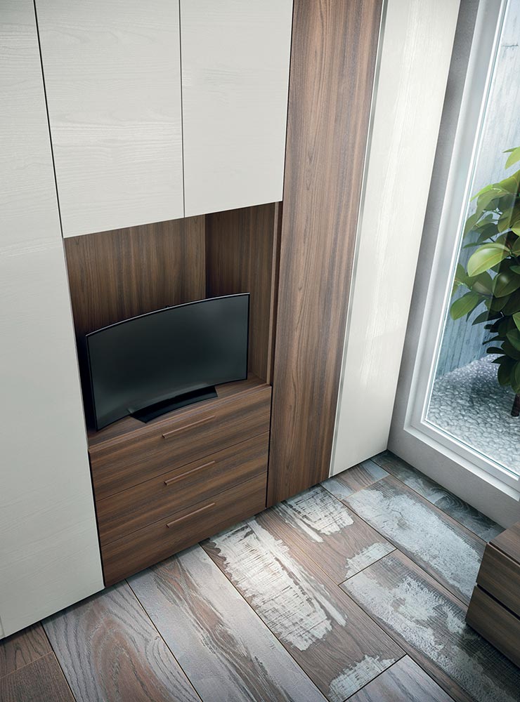 Armadio a 6 ante battenti con vano tv  di alta qualità in finitura Frassinato bianco  e Quercia brown