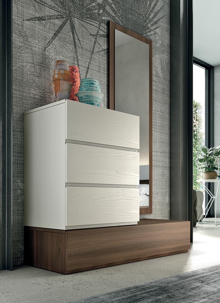 Comò particolare stretto di alta qualità in finitura Frassinato bianco e Quercia Brown