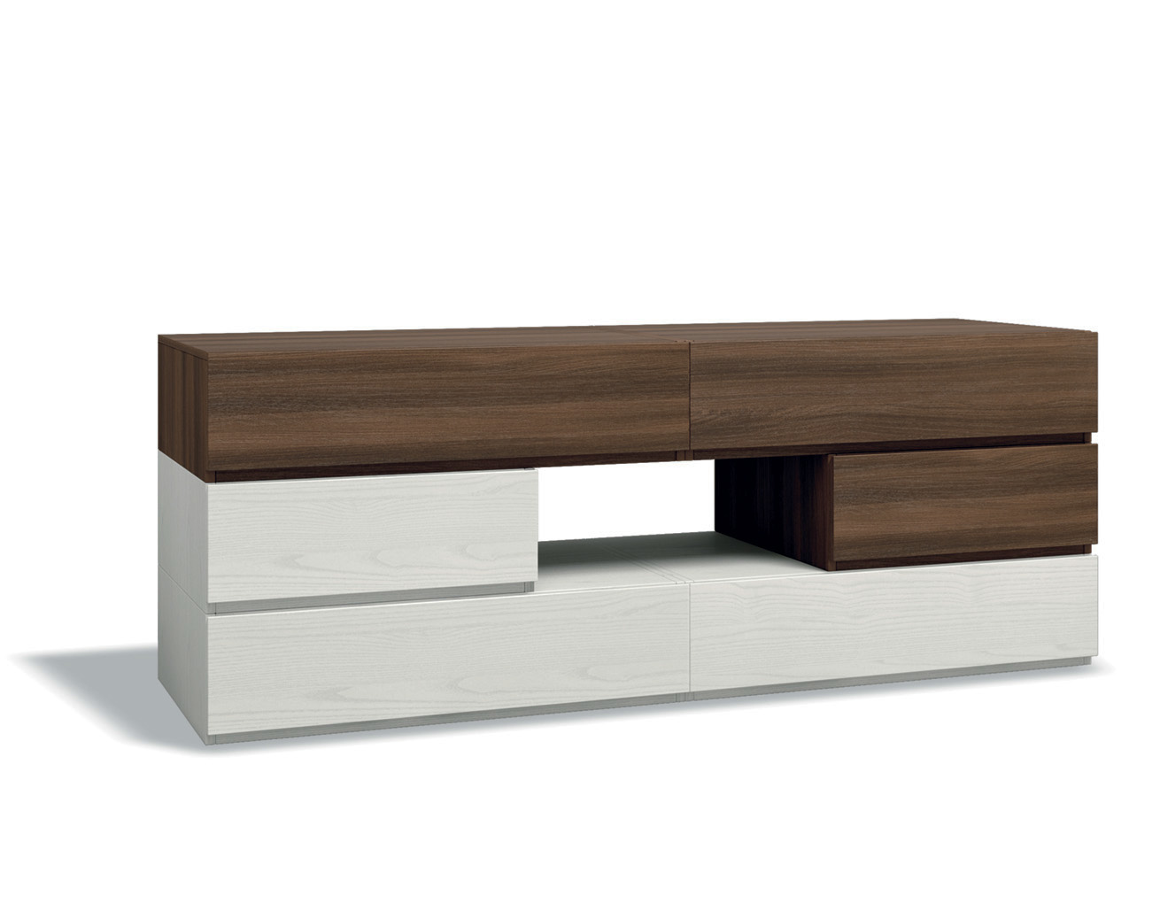 Comò particolare  con 6 cassetti e un vano a giorno di alta qualità in finitura Frassinato bianco e Quercia brown