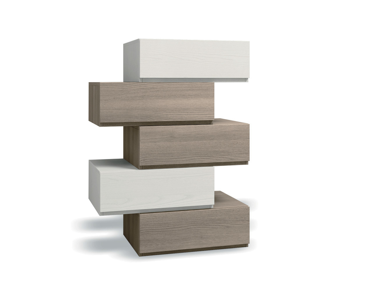 Settimino Bicolor particolare con 5 cassetti alternati di alta qualità in Frassinato bianco e Olmo