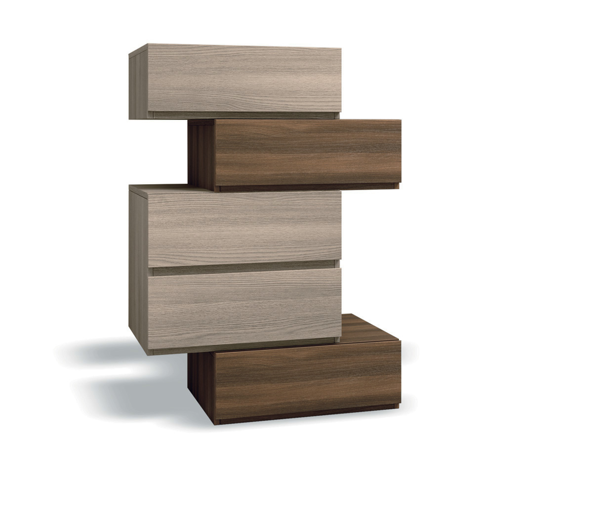 Settimino Bicolor particolare con 5 cassetti sfalsati di alta qualità in Olmo e Quercia brown