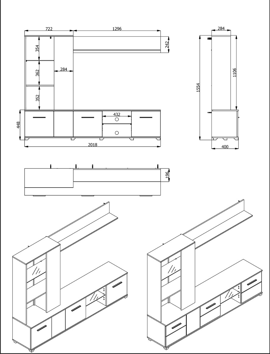 Parete attrezzata di design finitura Rovere e Carbone