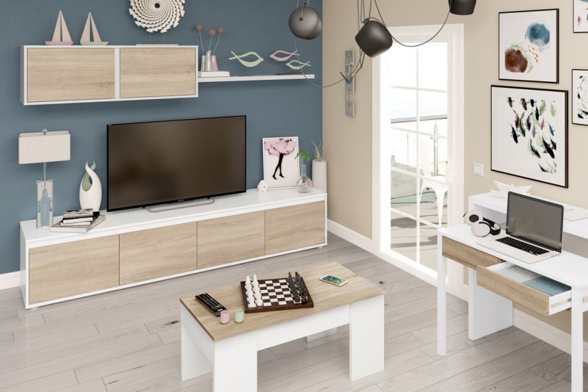 Parete attrezzata moderna, con base tv, pensili e mensola, bianco artik e rovere canadian