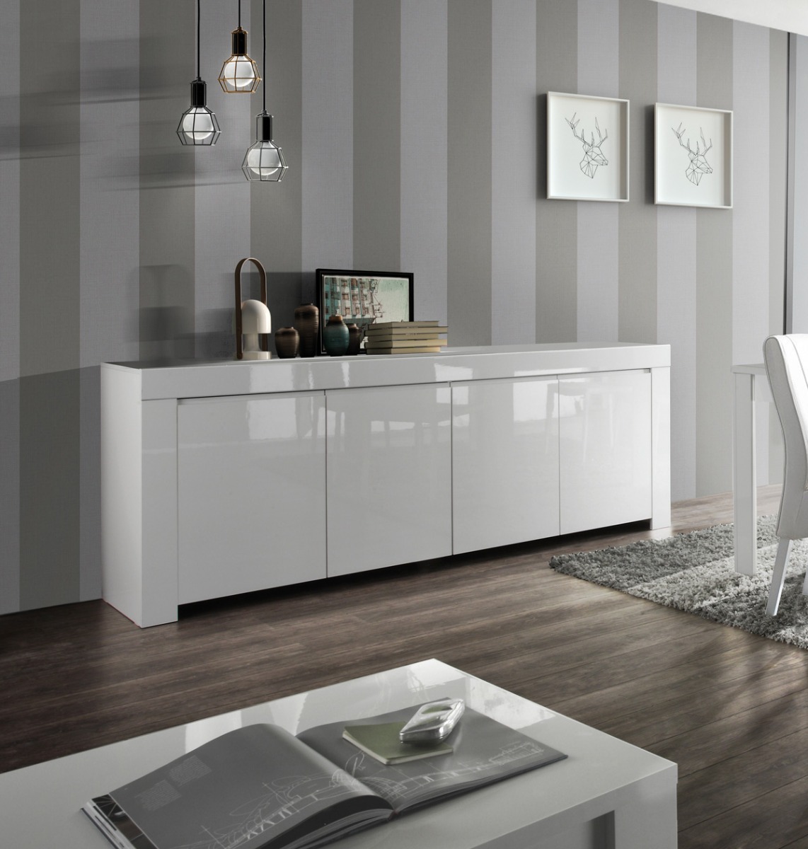 Credenza Moderna, Madia di Design, 4 ante, colore Bianco Lucido