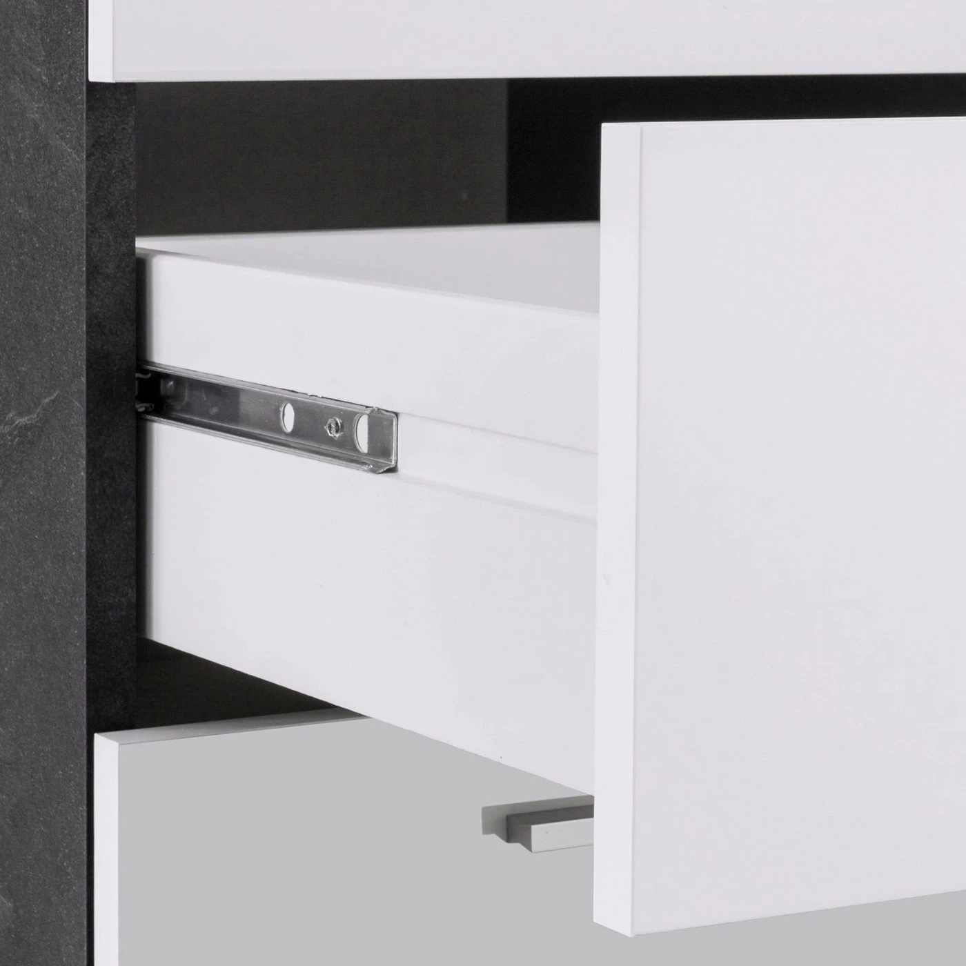 Scrivania angolare 3 cassetti, 180/160x90x60 h cm, Bianco laccato lucido e Ardesia