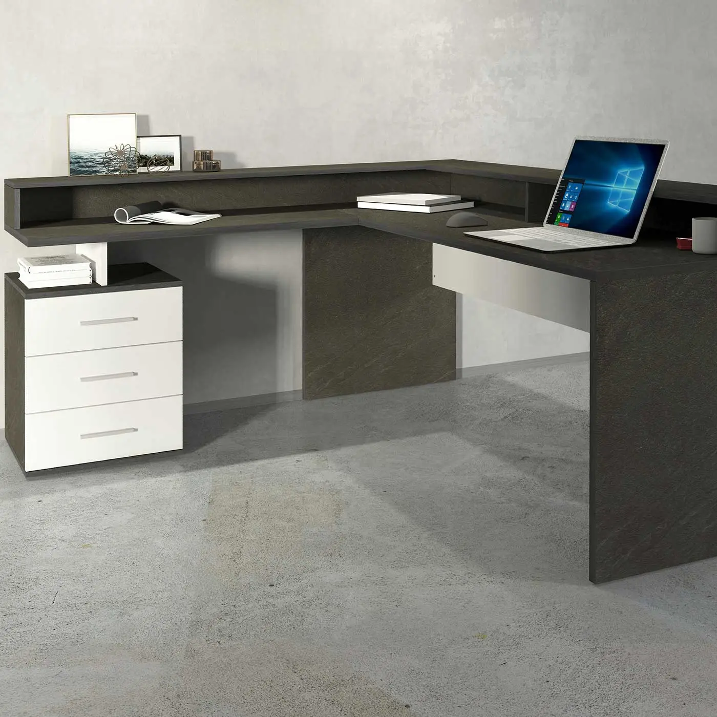 Scrivania angolare 3 cassetti, 180/160x90x60 h cm, Bianco laccato lucido e Ardesia