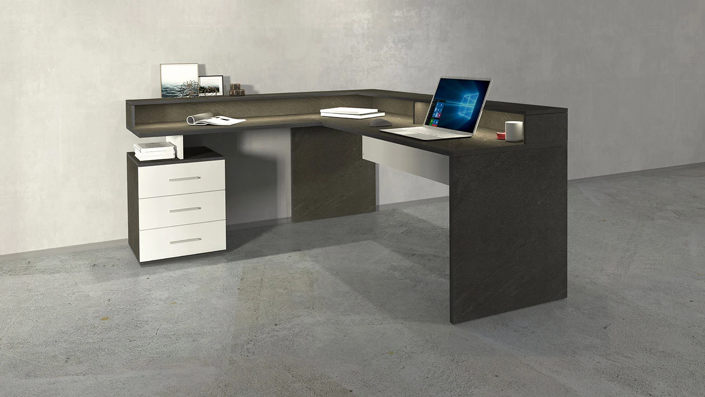 Scrivania angolare 3 cassetti, 180/160x90x60 h cm, Bianco laccato lucido e Ardesia