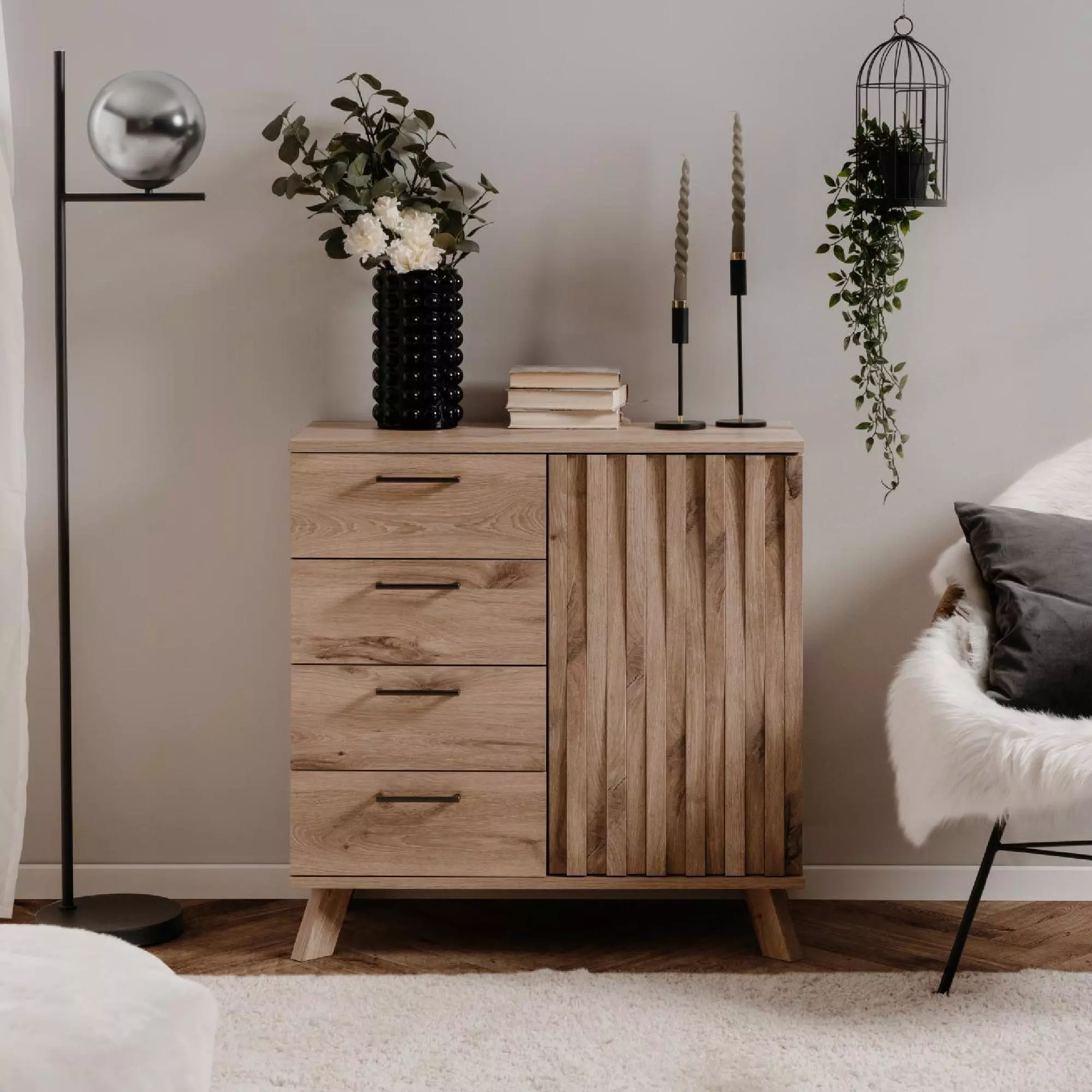 Credenza 1 anta e 4 cassetti finitura Quercia del Nord