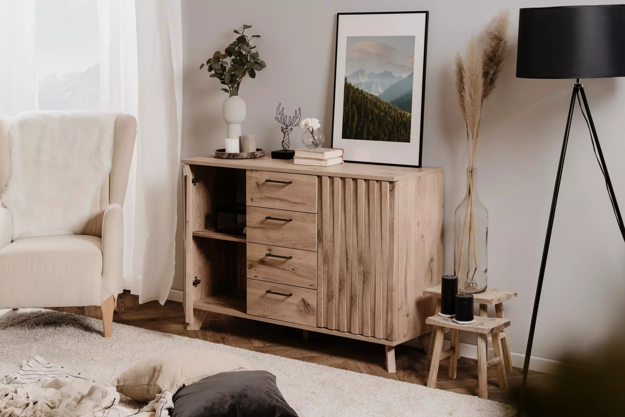 credenza 2 ante e 4 cassetti, finitura Quercia del Nord