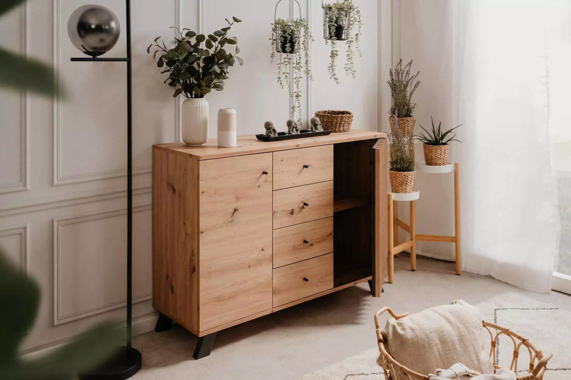 Credenza 2 ante e 4 cassetti, colore Rovere Oak e Antracite 