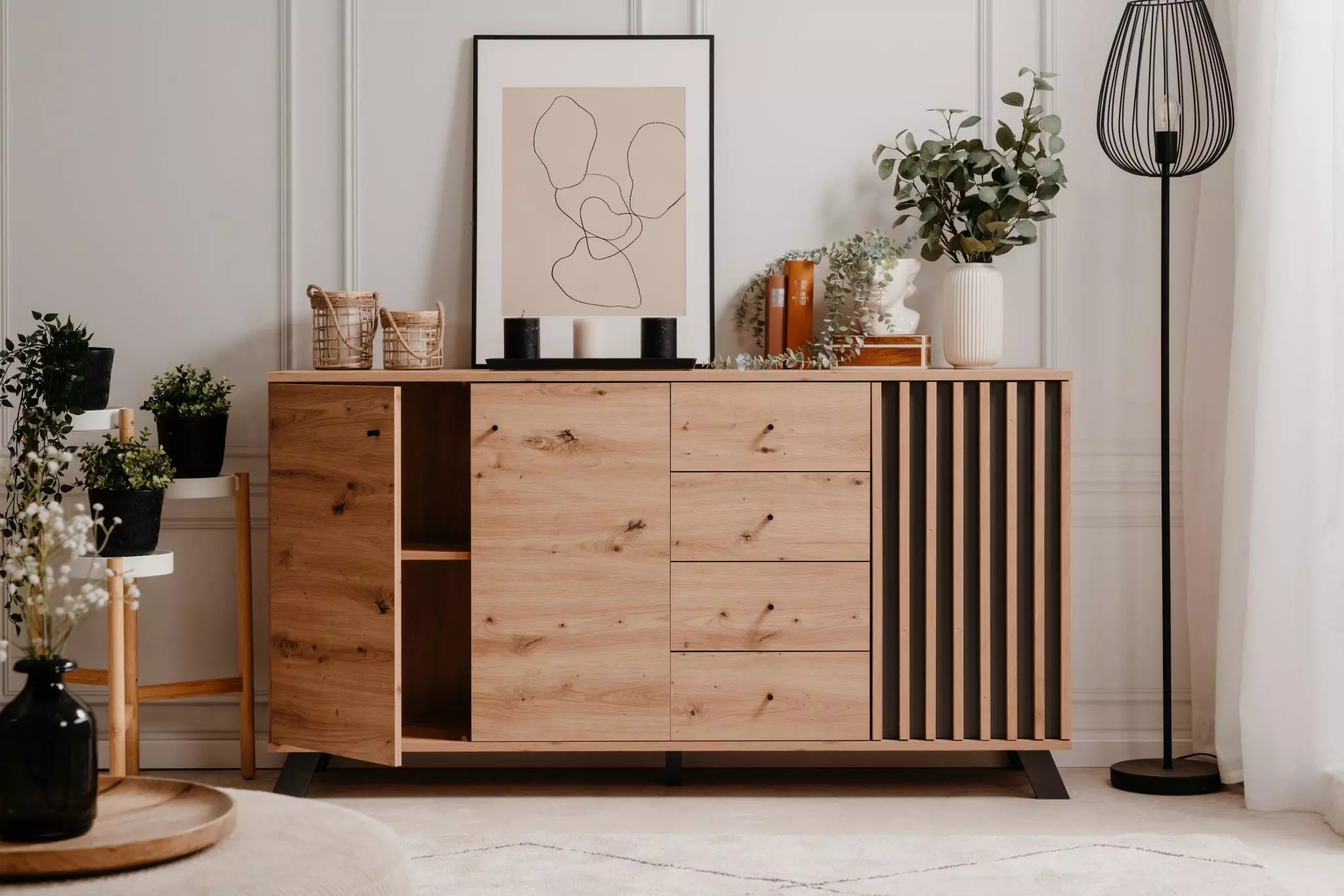 Madia 3 ante e 4 cassetti, finitura Rovere Oak e Antracite 