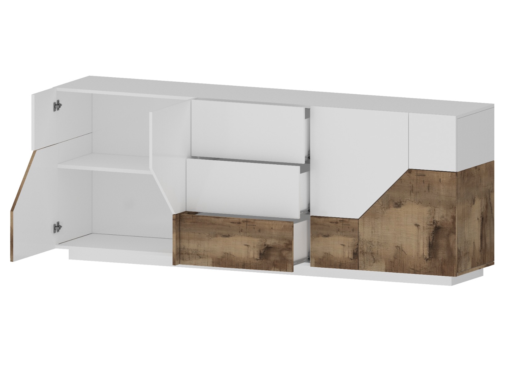 Credenza geometrica 4 ante e 3 cassetti, colore Bianco lucido e Pero 