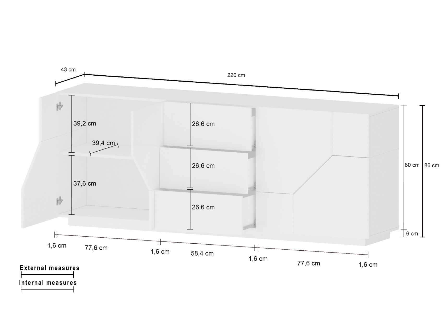 Credenza geometrica moderna e di design 4 ante e 3 cassetti, Bianco laccato lucido 