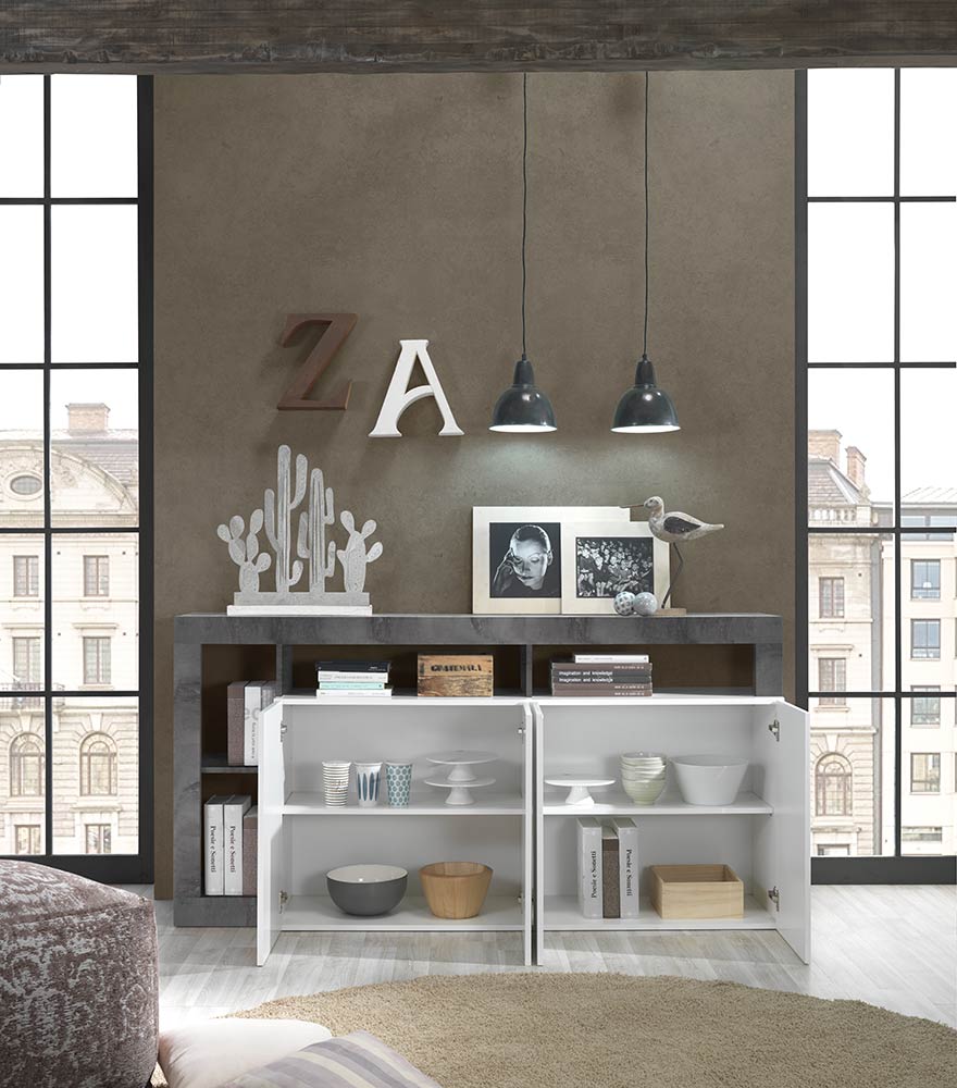 Soggiorno moderno composto da porta tv e madia a 4 ante in finitura bianco e ossido