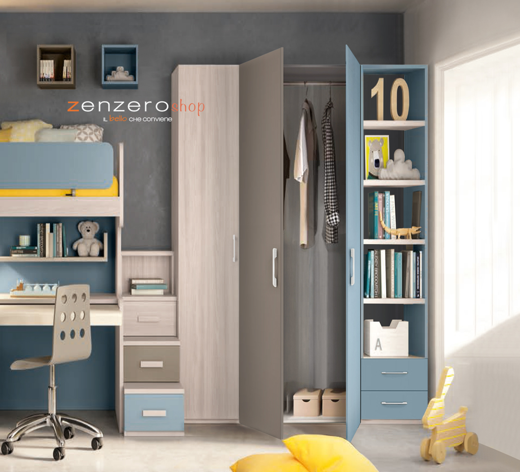 Armadio H.195 per camerette con 3 ante battenti e libreria in finitura LACCATO 