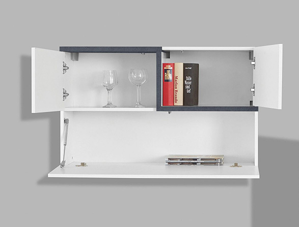 Pensile sospeso con una ribalta e 2 ante in finitura Bianco lucido e Ardesia