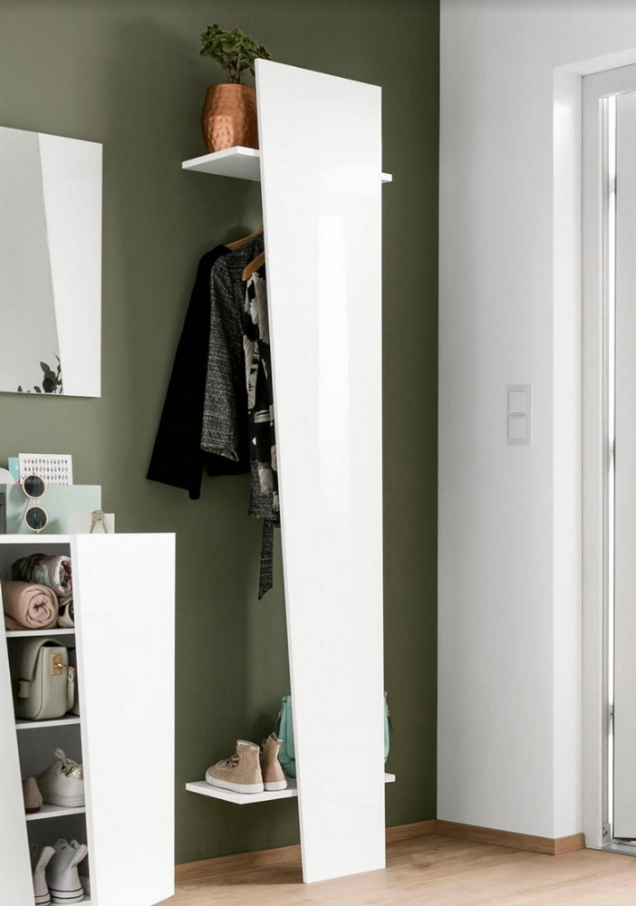 Appendiabiti di design, bianco laccato lucido con tubo appendiabiti e due mensole