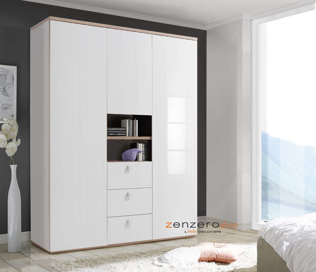 Armadio con 3 ante battenti e 3 cassetti in finitura Bianco laccato e Rovere 