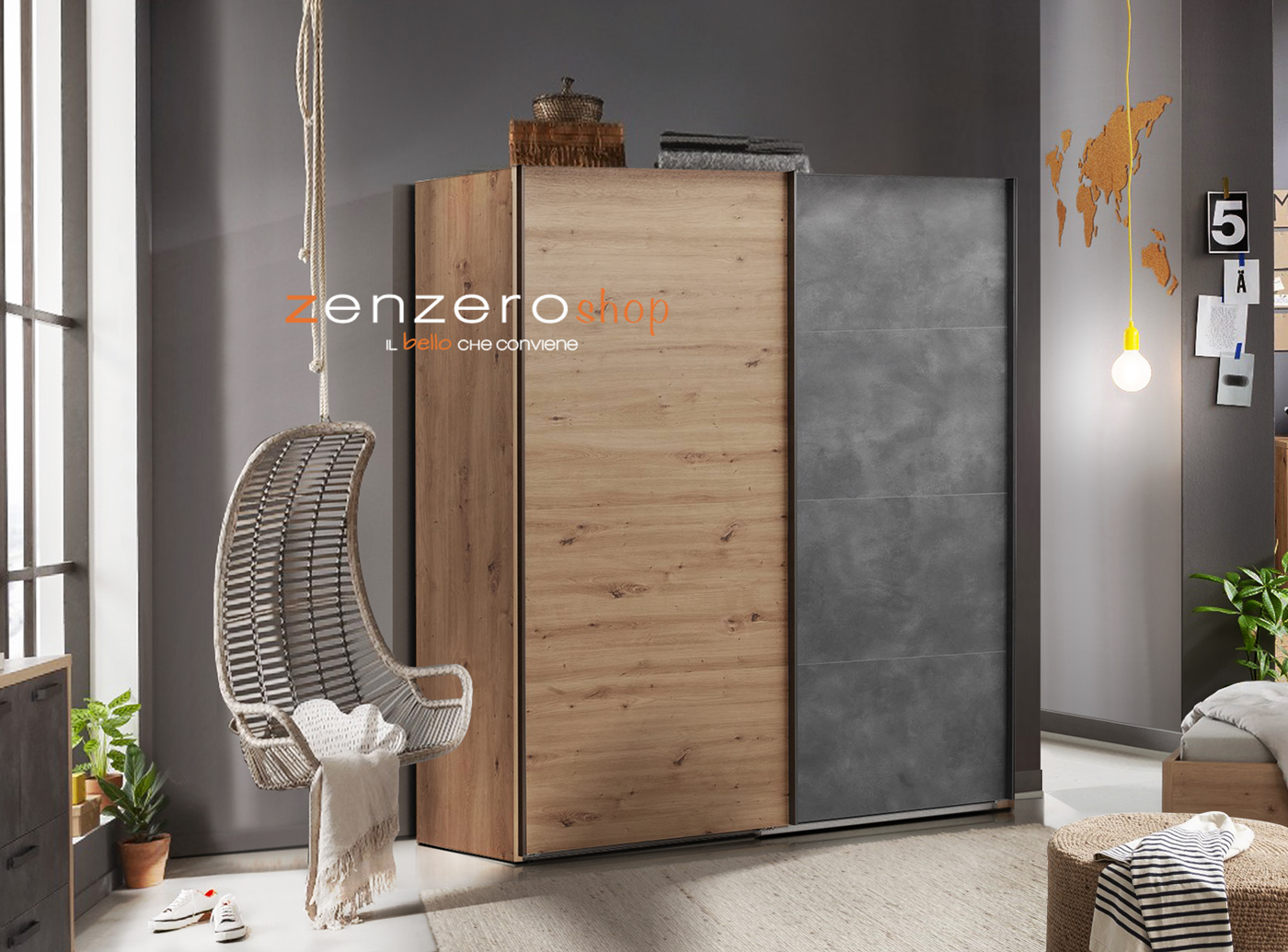 Armadio industry con 2 ante scorrevoli, finitura Rovere e Grigio smoke Zenzero Shop