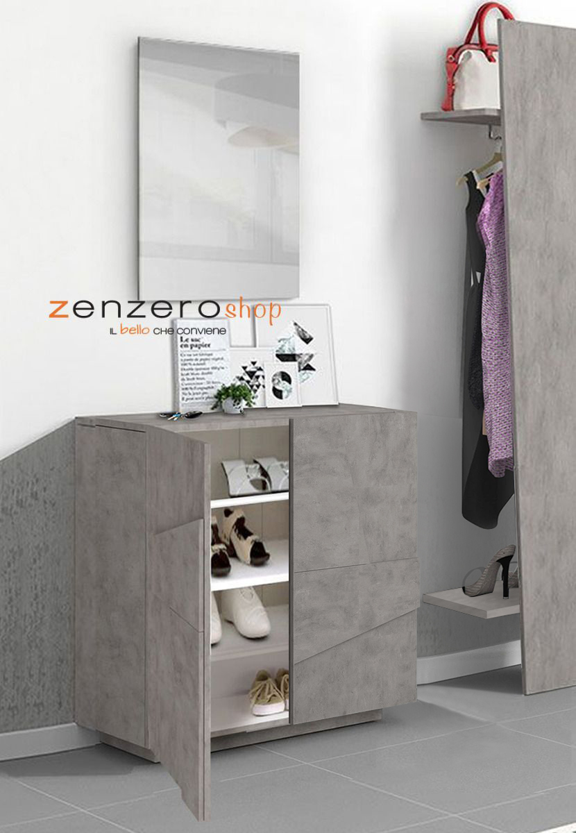 Scarpiera a 2 ante con disegni geometrici in finitura Beton