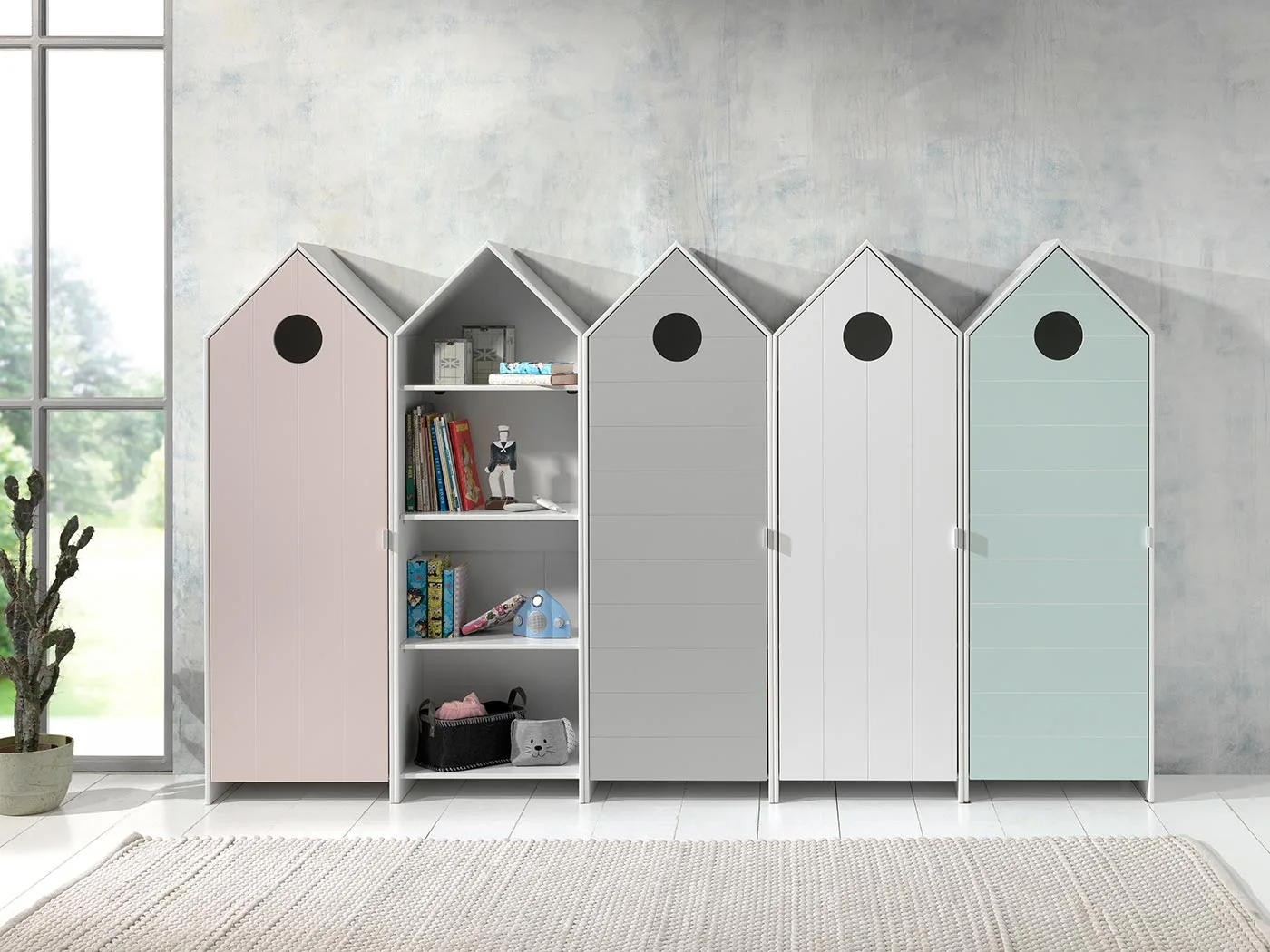 Armadietto per bambini, 58x172x37 h cm, color Bianco e Rosa Zenzero Shop