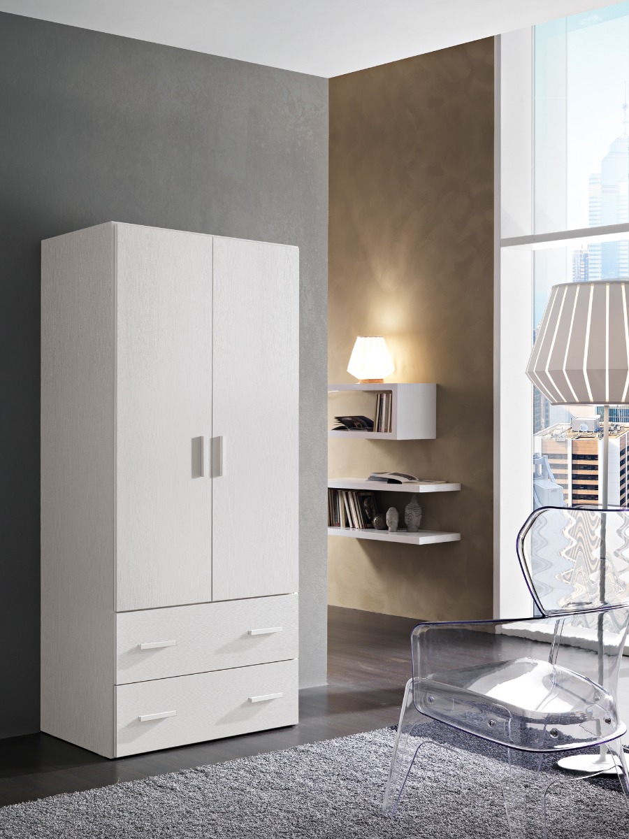 Armadio multiuso H.185 con 2 ante e 2 cassetti in finitura Bianco frassinato