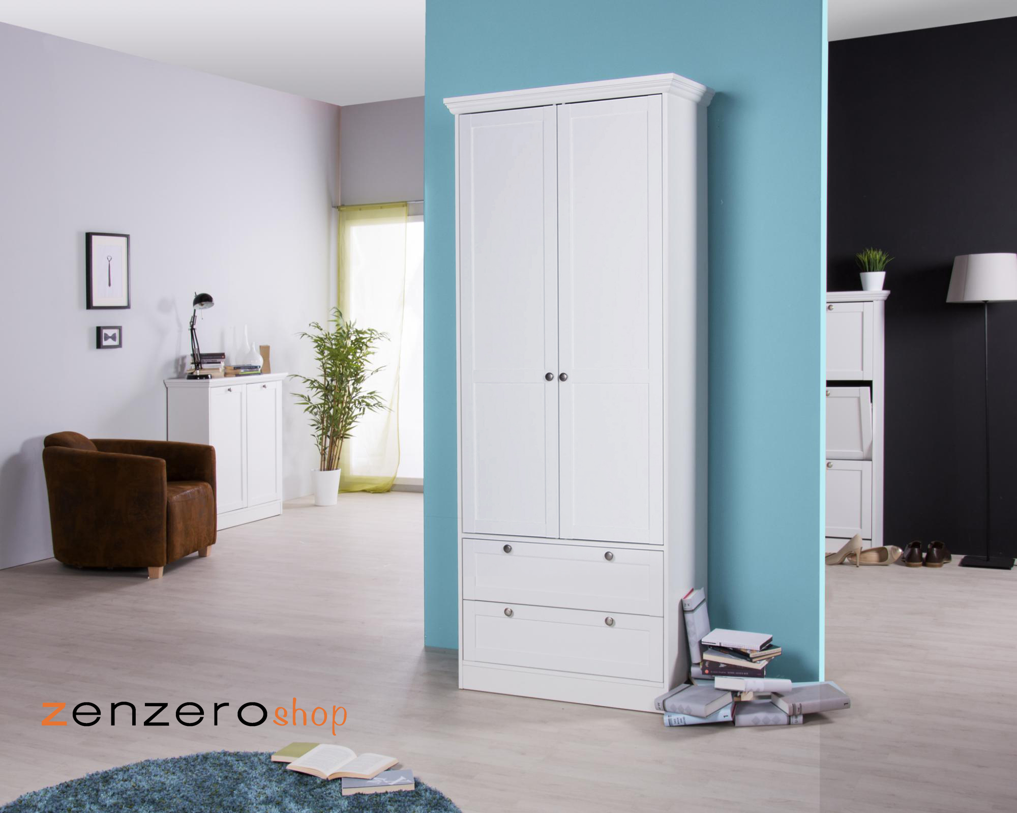 Armadio di design multiuso a 2 ante battenti e 2 cassetti, finitura bianca