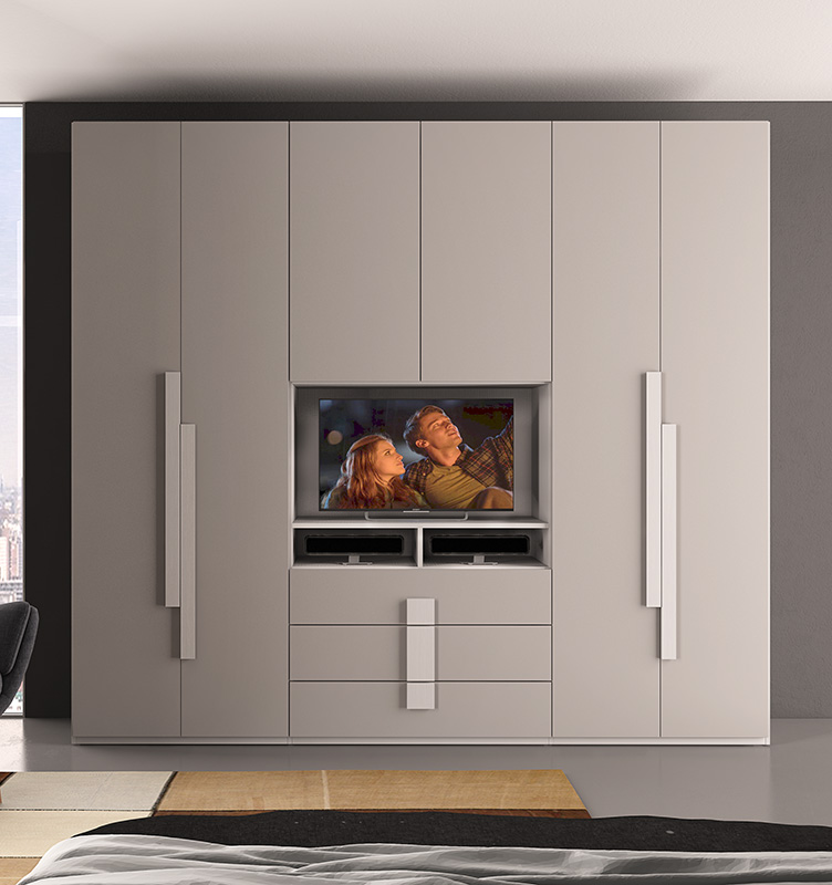 Armadio Piccione con 6 ante battenti e vano Tv in finitura Tortora e Larice bianco