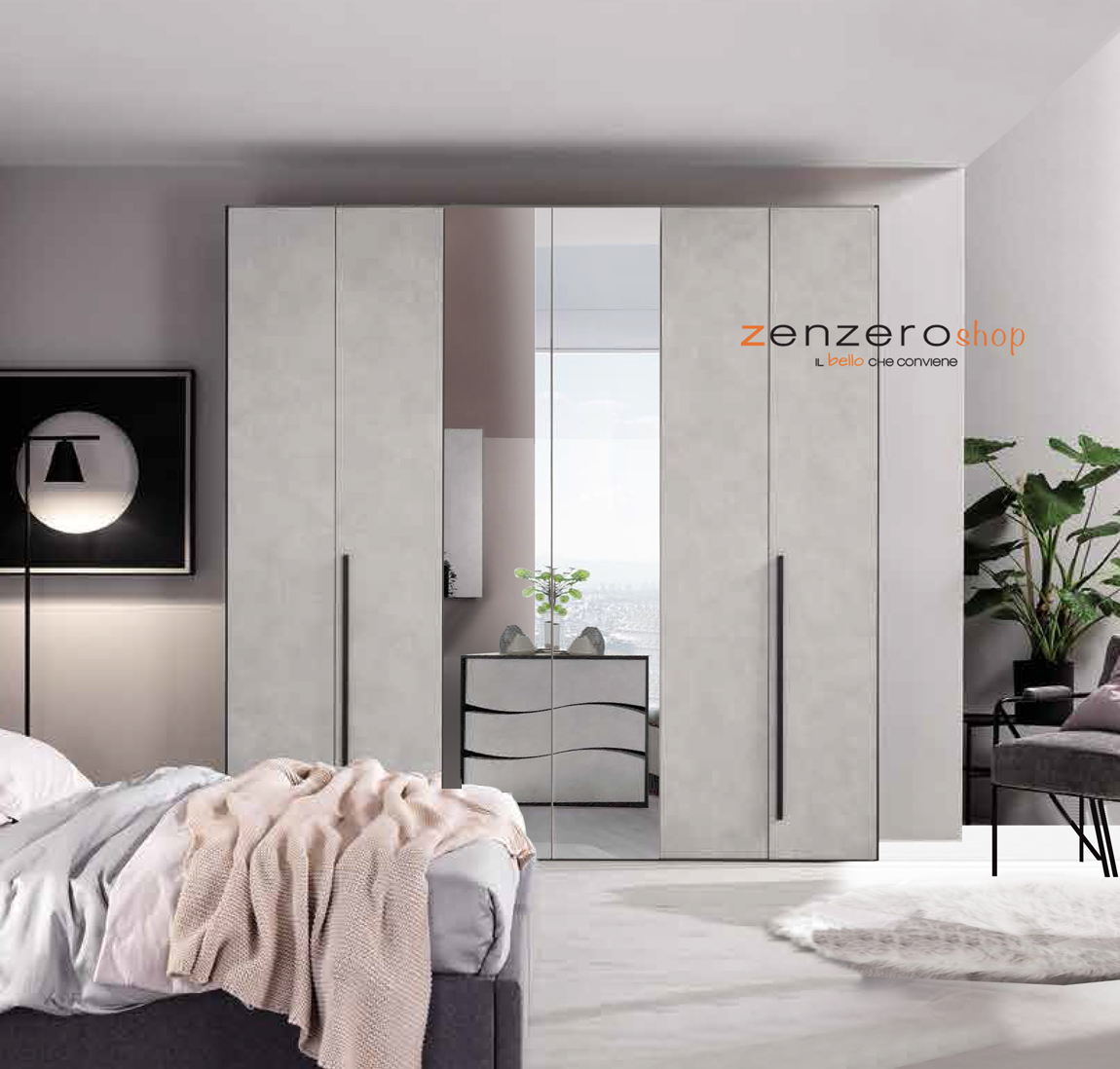 Armadio made in Italy, con 6 ante battenti e specchi centrali, in finitura grigio resina chiaro