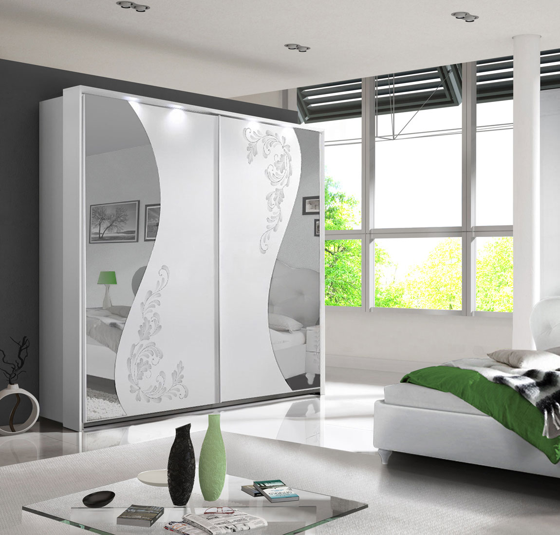 Armadio 2 ante scorrevoli con specchi e serigrafie in finitura Bianco  Zenzero Shop