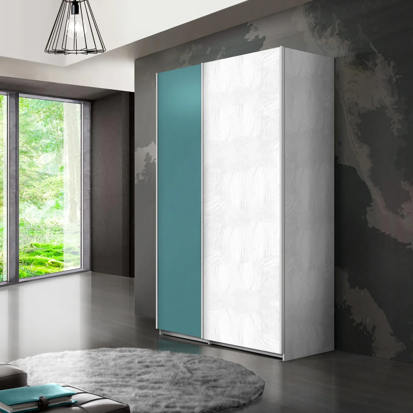 Armadio scorrevole 2 ante, L.163, Snow e Ceruleo laccato