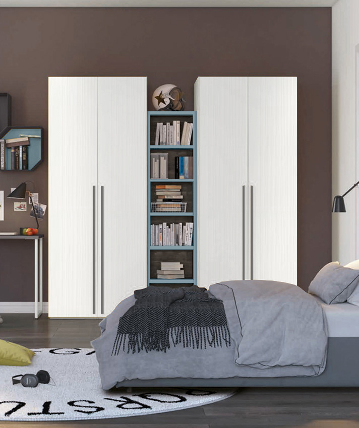 Armadi 2 ante battenti con libreria 5 ripiani, finitura Rovere Bianco e Cadaques