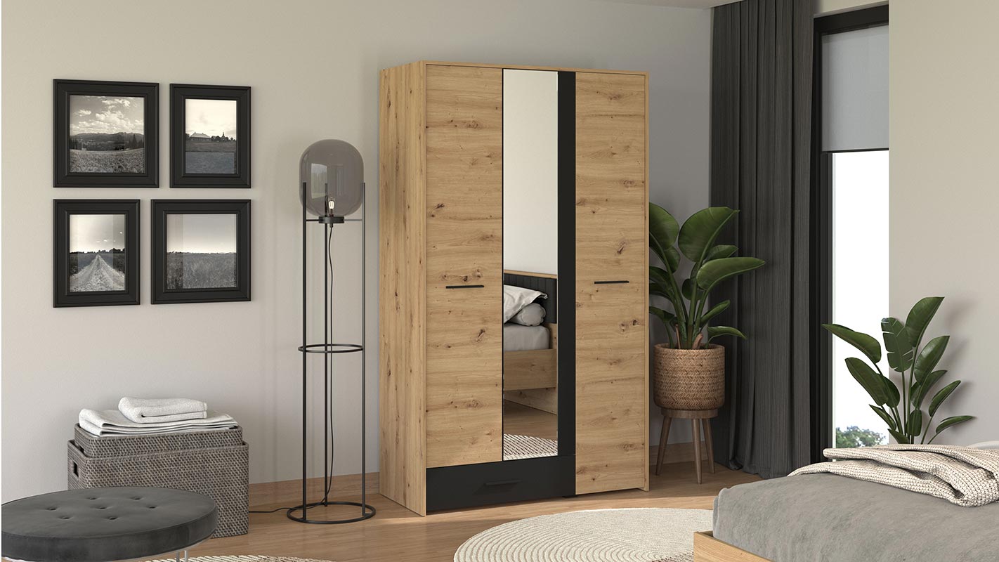 Armadio industry con specchio a 3 ante, finitura Rovere e Nero
