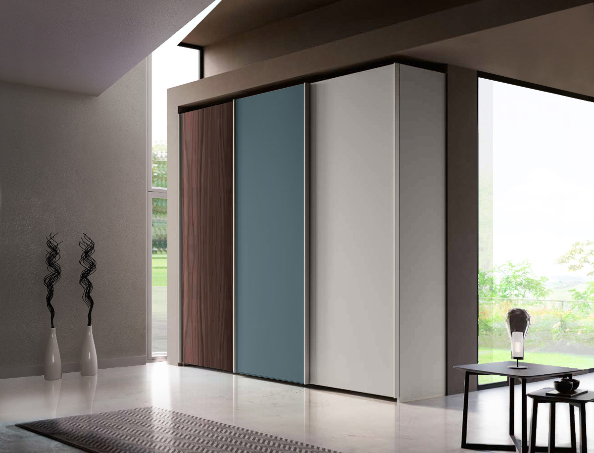 Armadio scorrevole a 3 ante , Noce Moro, Petrolio e Grigio Seta Zenzero Shop