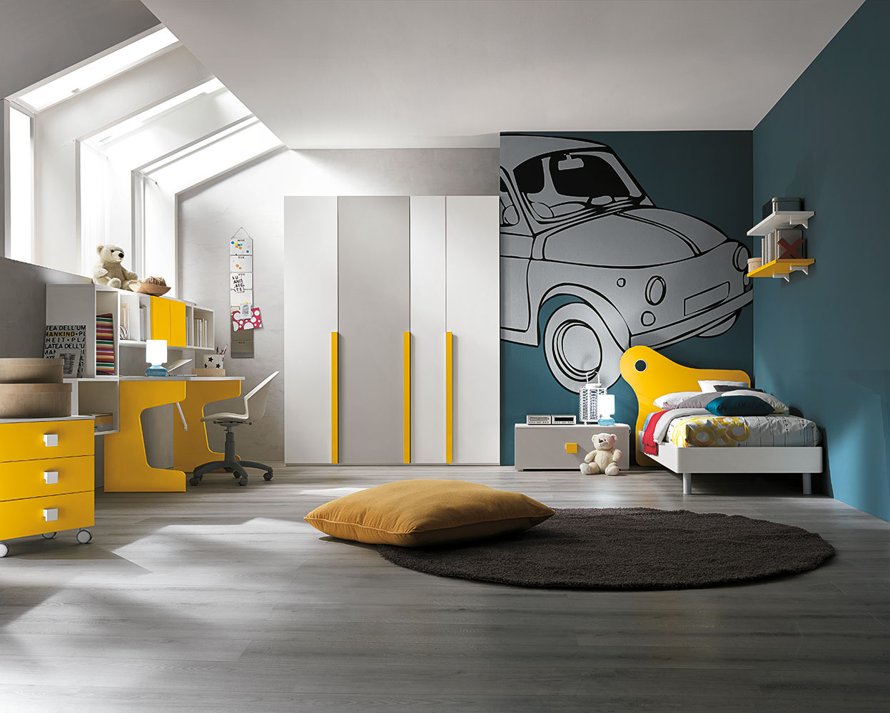 Armadio 4 ante battenti, finitura Bianco frassino, Girasole e Nebbia