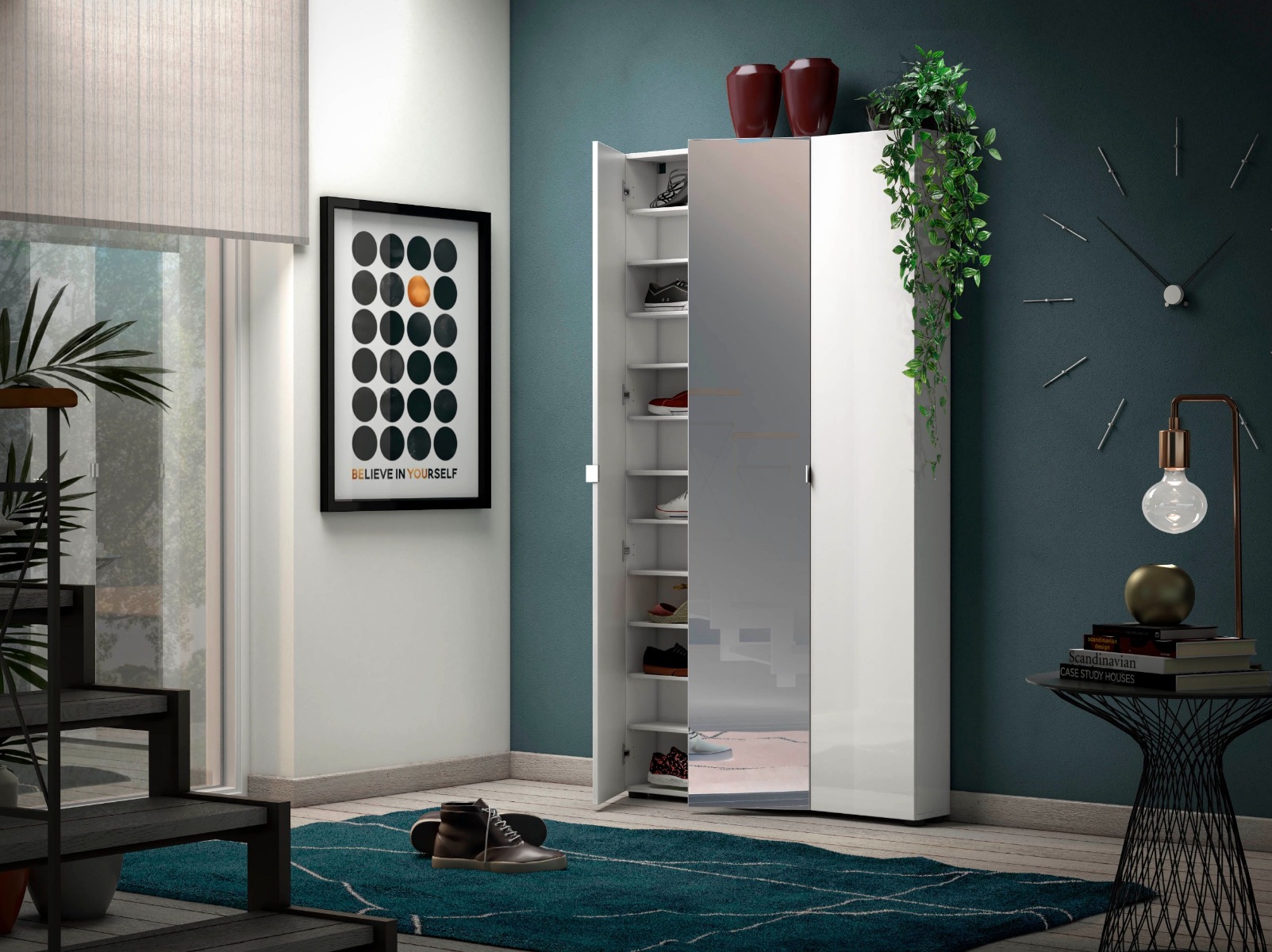 Armadio multiuso 3 ante scontato, Bianco lucido con Specchio 