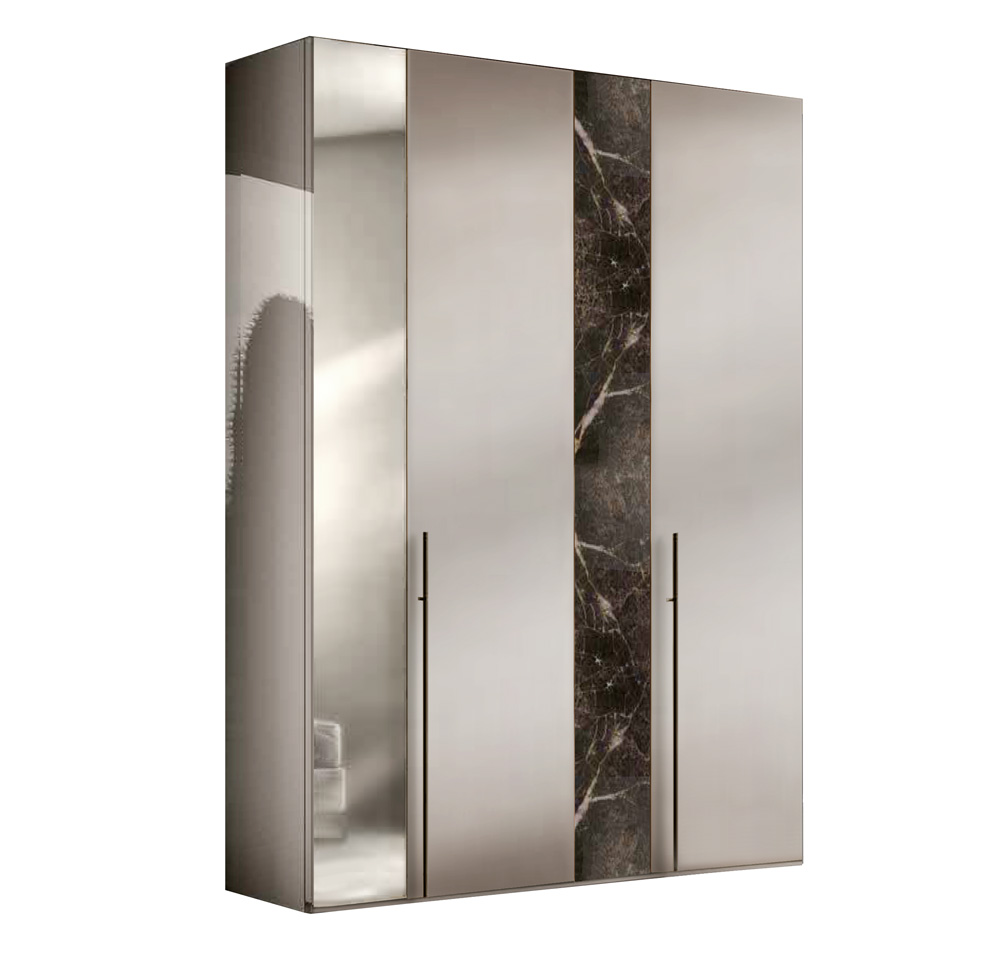 Armadio battente 4 ante con anta a specchio, in finitura Marmo nero e Grigio seta 