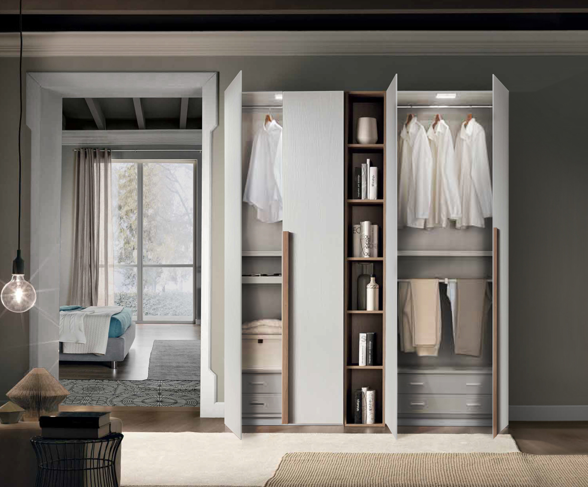 Armadio scontato 4 ante battenti con libreria, finitura Noce bianco 