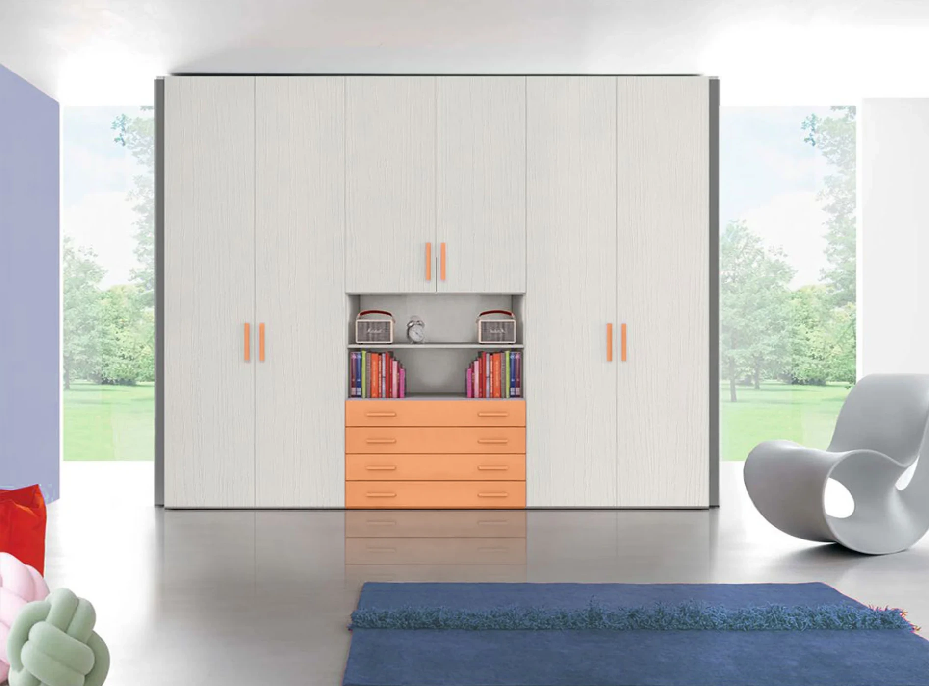 Armadio moderno L.271 a 6 ante e 4 cassetti H.257, finiture Rovere Bianco e Papaya