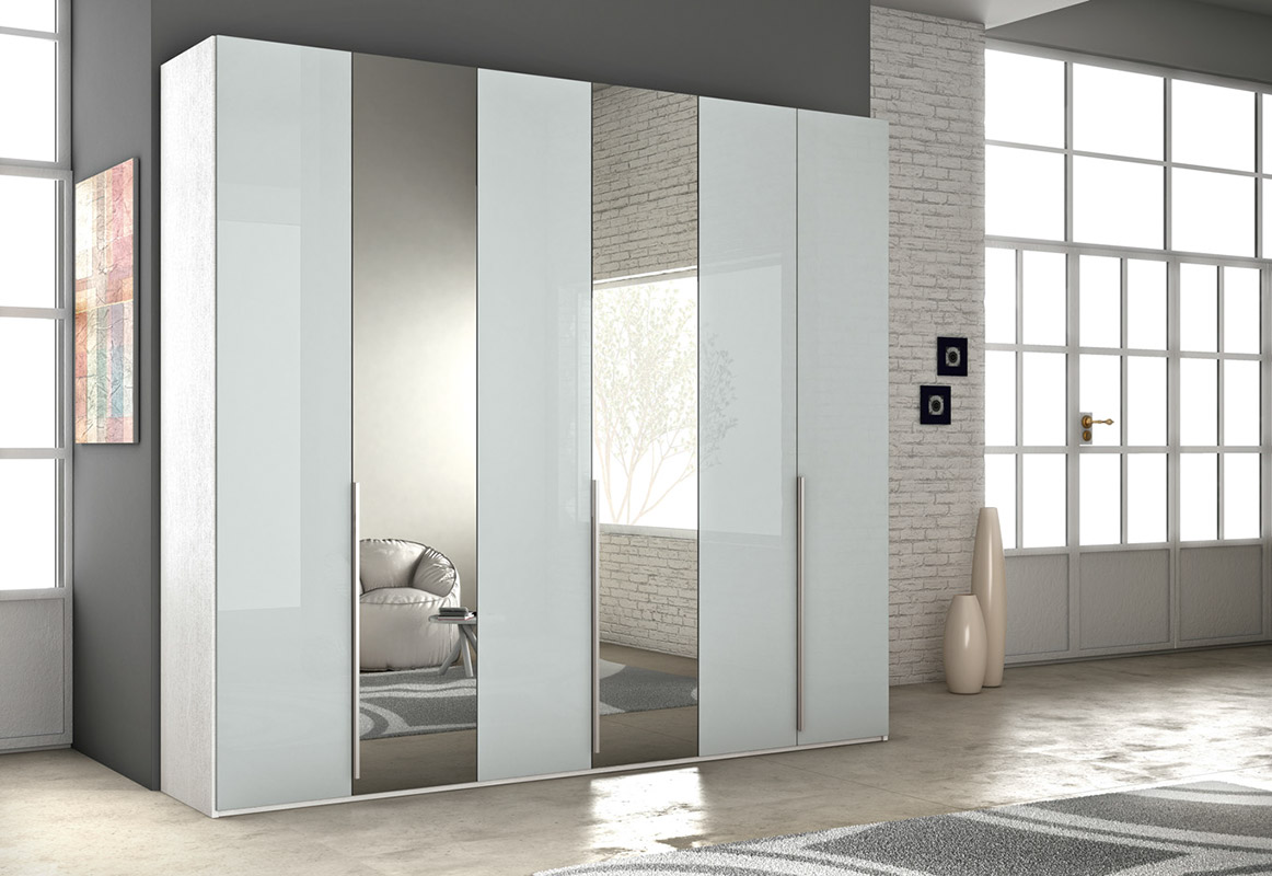 Armadio 6 ante battenti con specchio in finitura vetro Grigio e Frassinato bianco