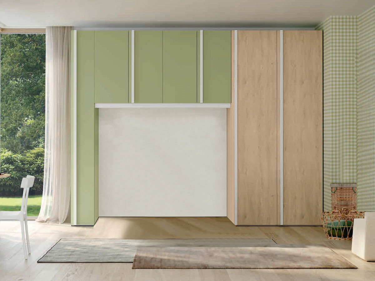 Armadio a ponte per camerette, finitura Royal oak, Cemento artico e Oliva