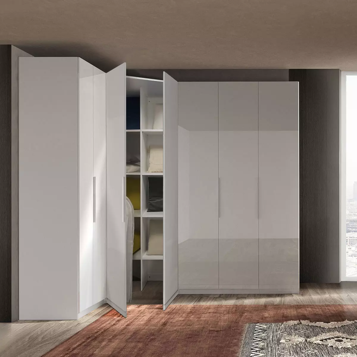 cabina ad angolo con 10 ripiani