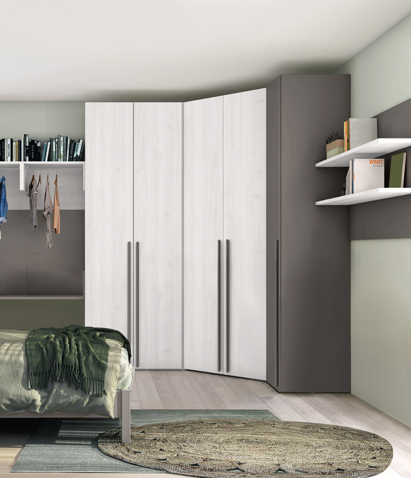 Armadio ad angolo per camerette in finitura Rovere bianco e Grigio Titanio