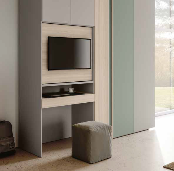 Armadio con vano tv e scrivania estraibile, Agave, Grigio seta e Olmo natura