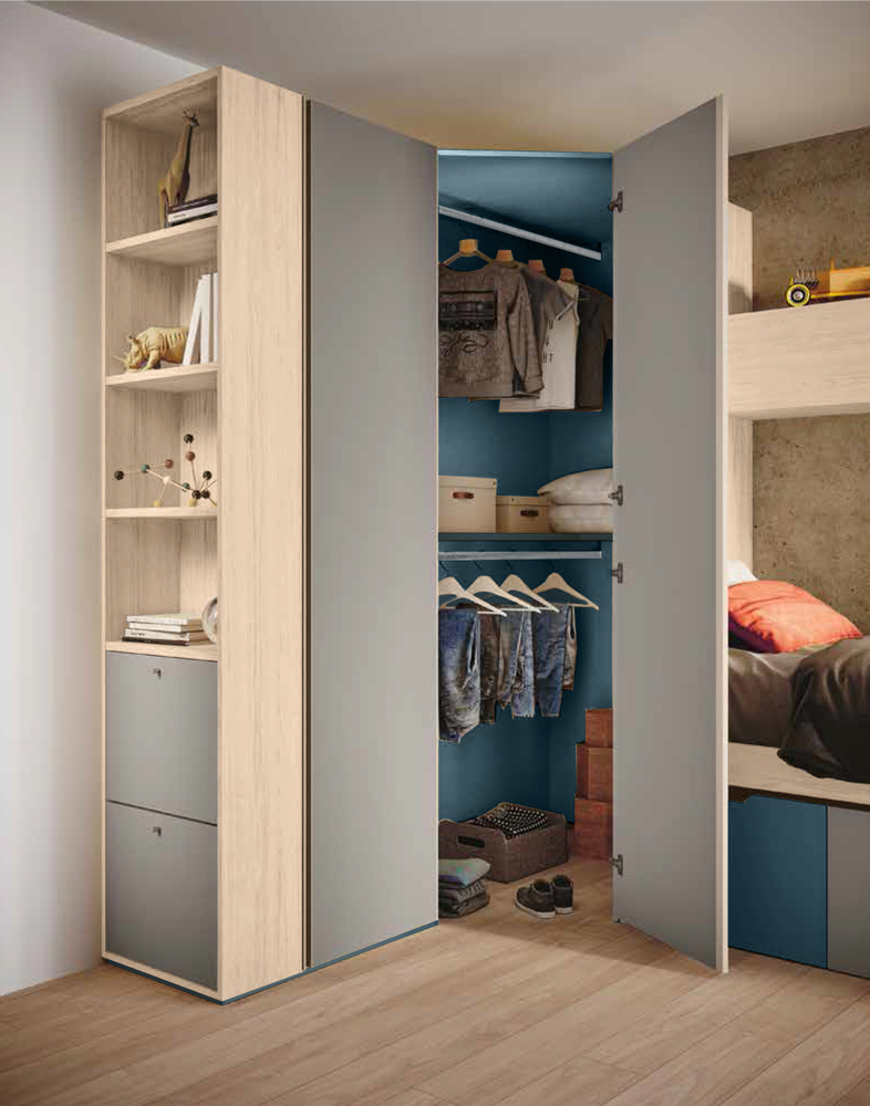 Cabina angolare per camerette, finitura Grigio seta e Olmo natura