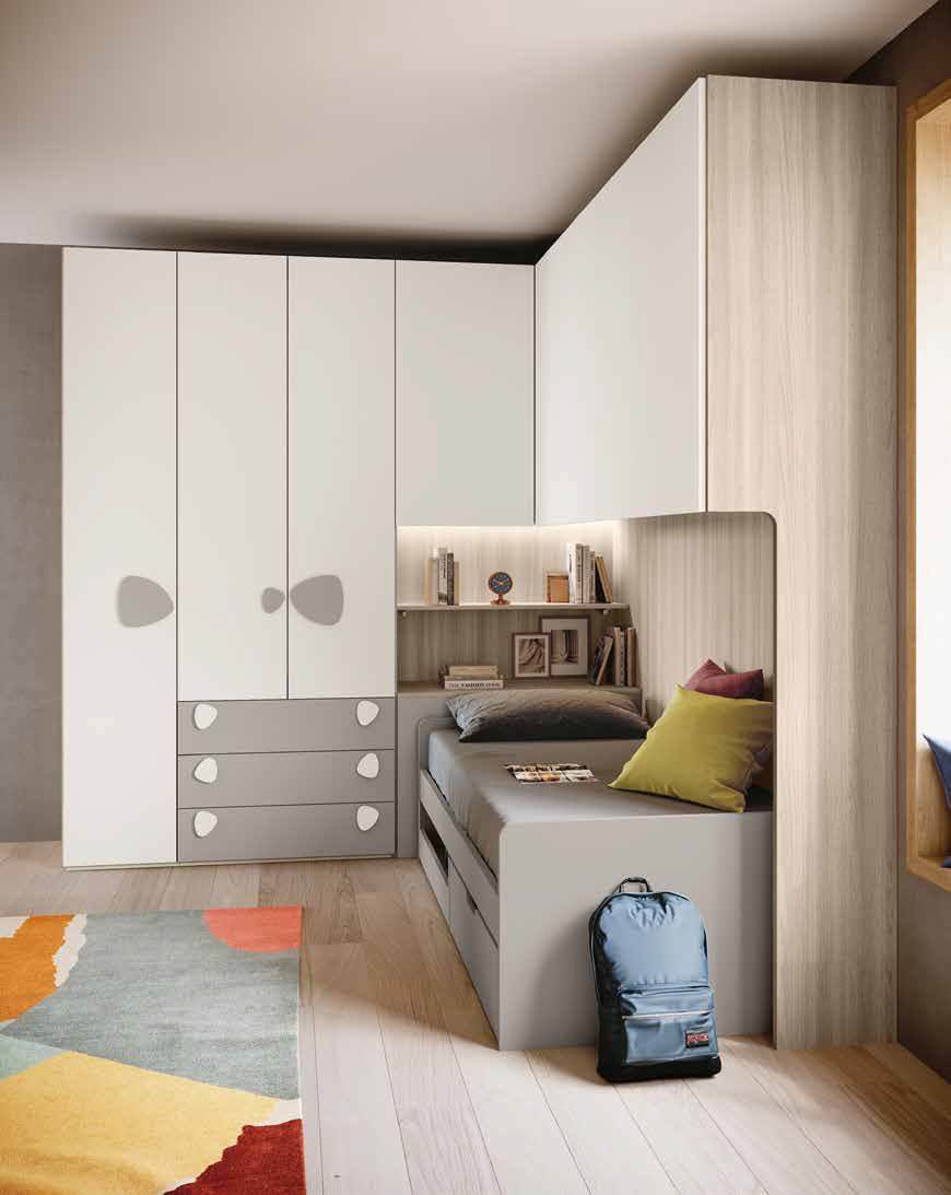 Cameretta con ponte per bambini, finitura Bianco, Grigio seta e Olmo natura