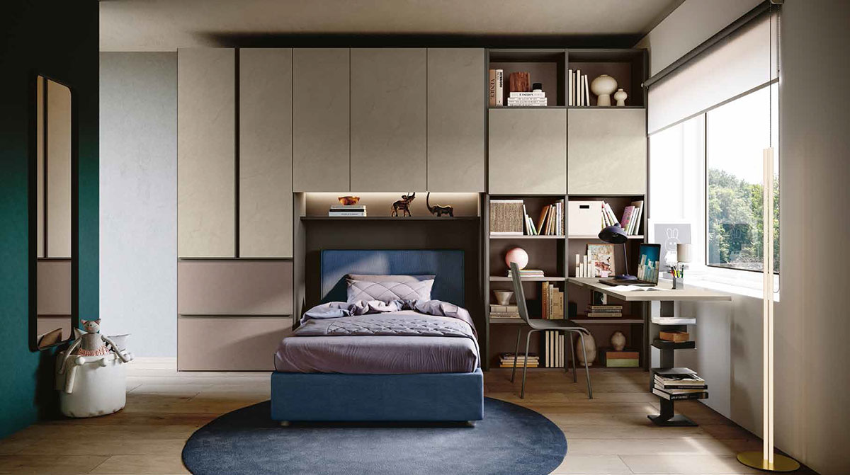 Camera ponte con letto imbottito, finitura Argilla, Bronzo e Grigio cenere