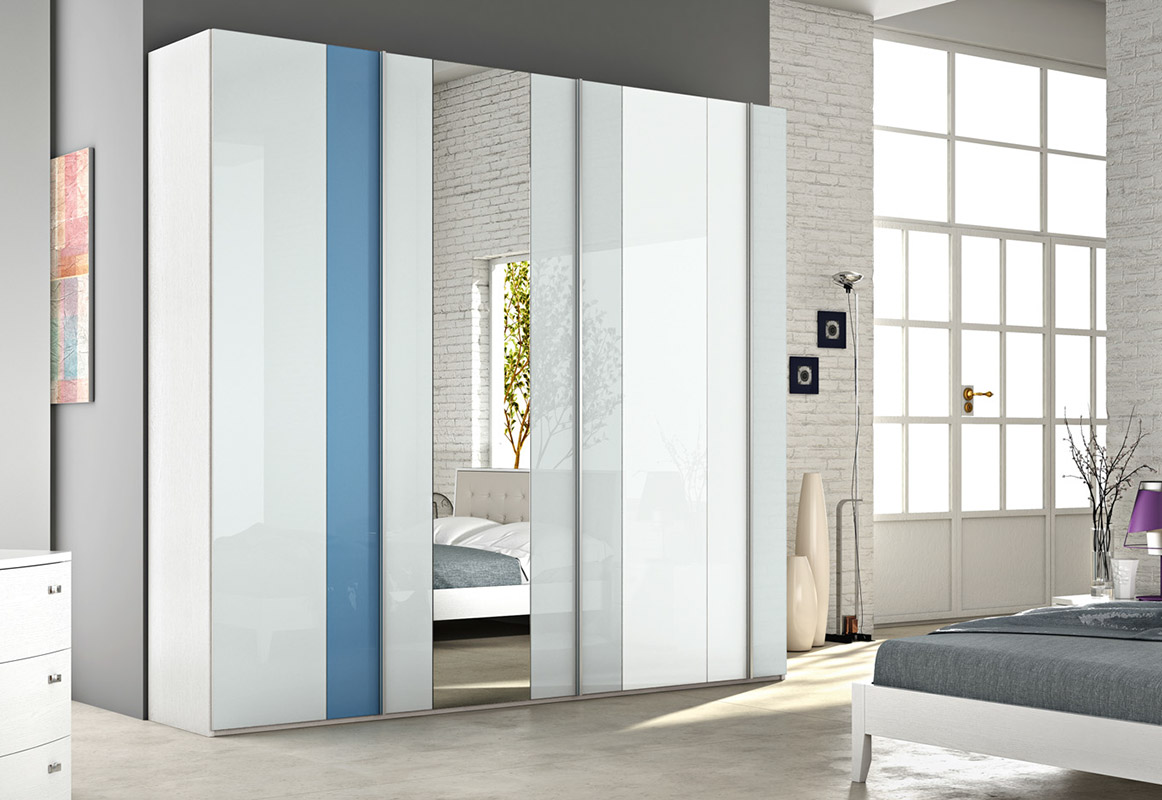 Armadio battente 6 ante con specchio, Bianco frassinato, vetro Azzurro, Ghiaccio e Grigio