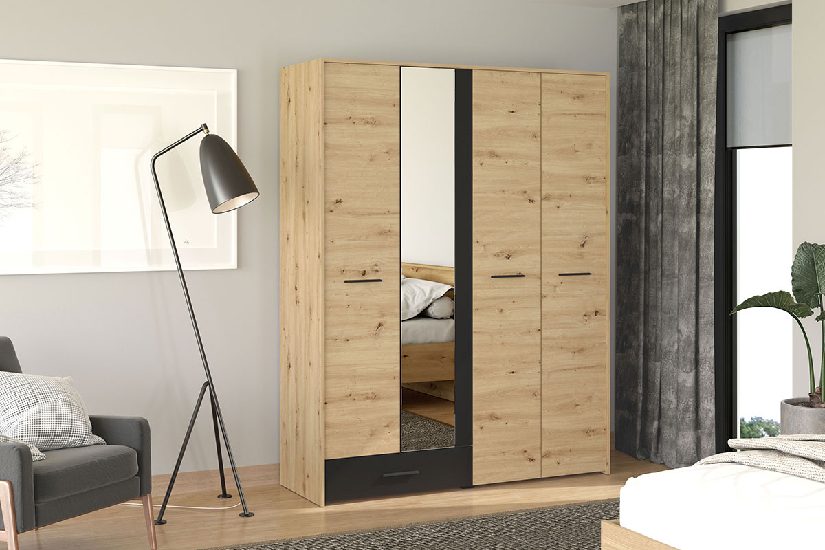 Armadio industry con specchio a 4 ante, finitura Rovere e Nero